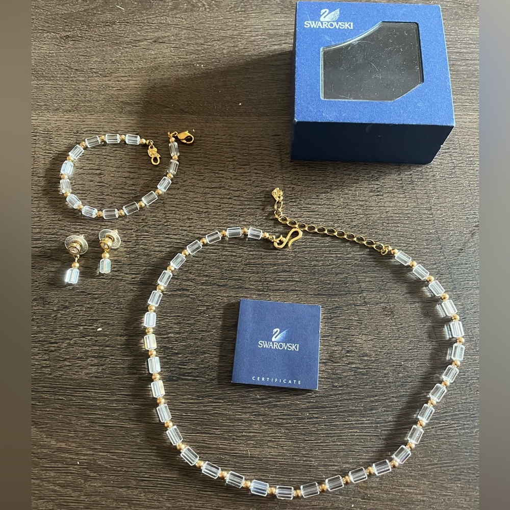 Swarovski Gold and Crystal Vintage Jewelry Set: Earrings, Bracelet and Necklace